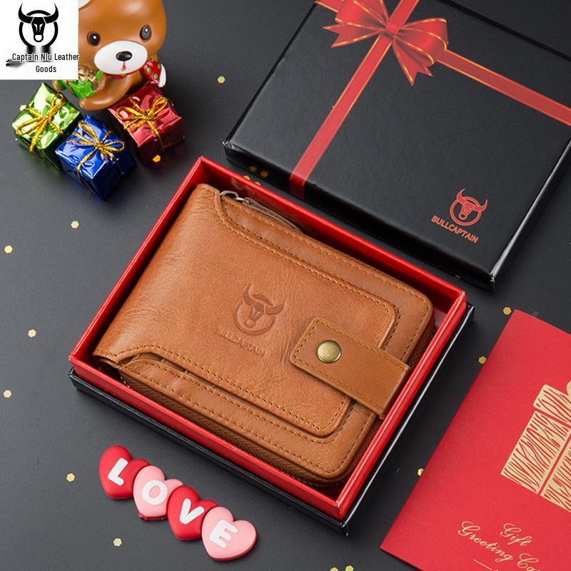 Cowhide Zipper Wallet with Multi-Card Slots, Anti-Theft Brush, Money Clip, and Photo Album