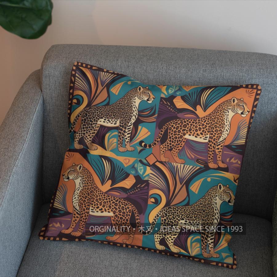 2D Bunte Patchwork-Kissenhülle mit Leopardenmuster und Tiergesichtern, geeignet für Sofa, Schlafzimmer, Auto