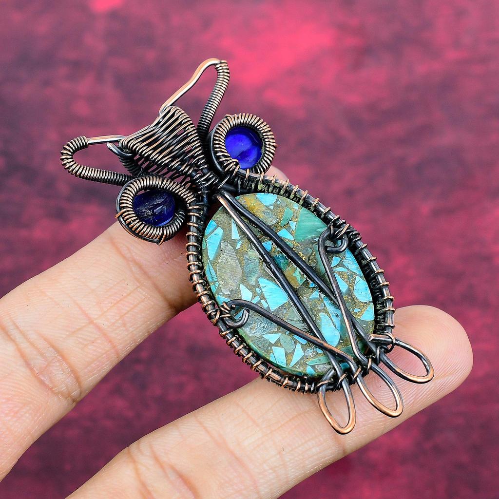 Copper Blue Turquoise Gemstone Pendant Owl Pendant Copper Wire Wrapped Blue Color Evil Eye Jewelry
