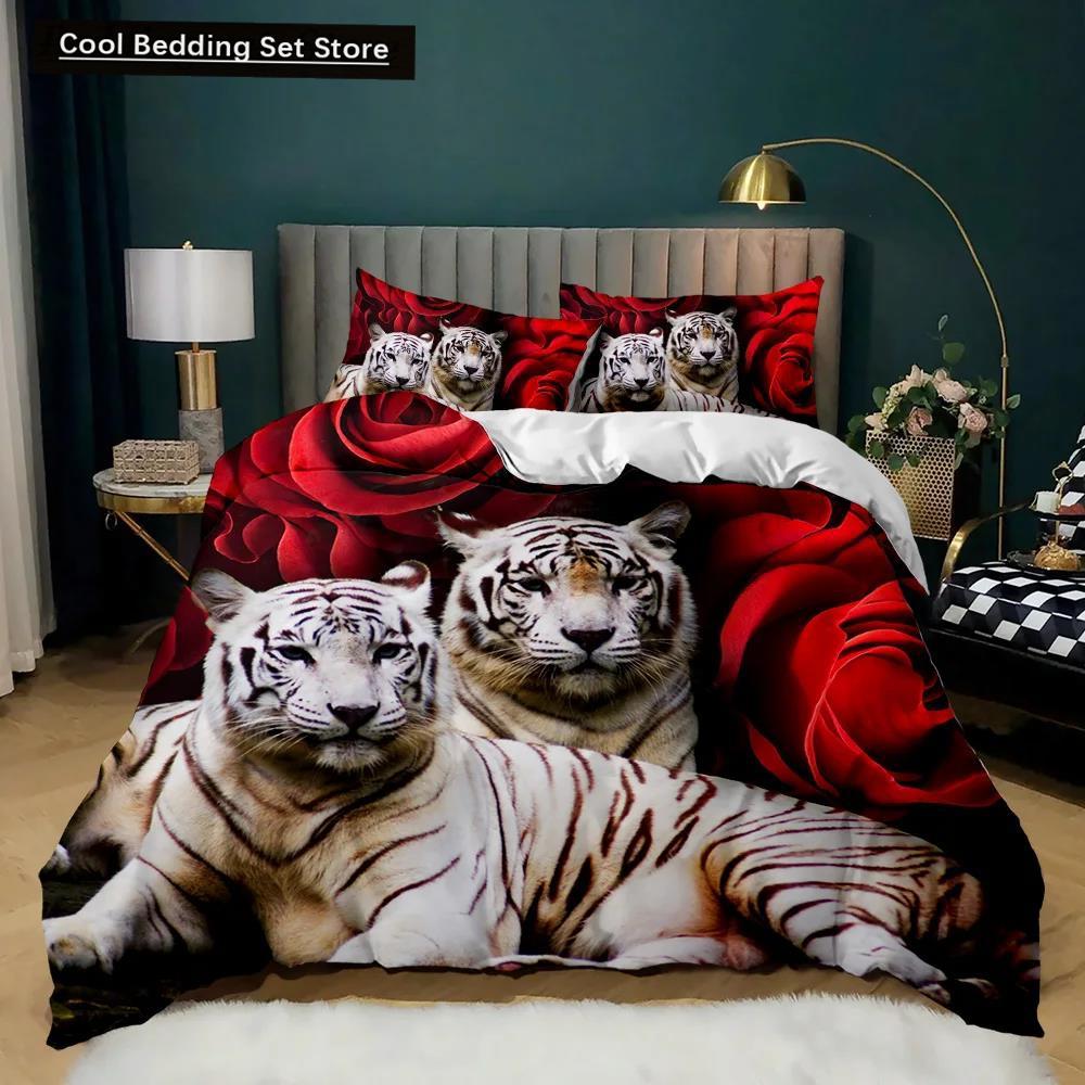 Tiger Duvet Cover Set Red Rose Flower Comforter Cover Boys African Safari Wild Animals Big Cat Queen King Polyester Qulit Cover