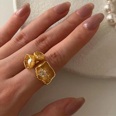 Hollow 3D Flower Zircon Ring: Adjustable, Shiny Luxury for Women’s Trendy Index Finger.