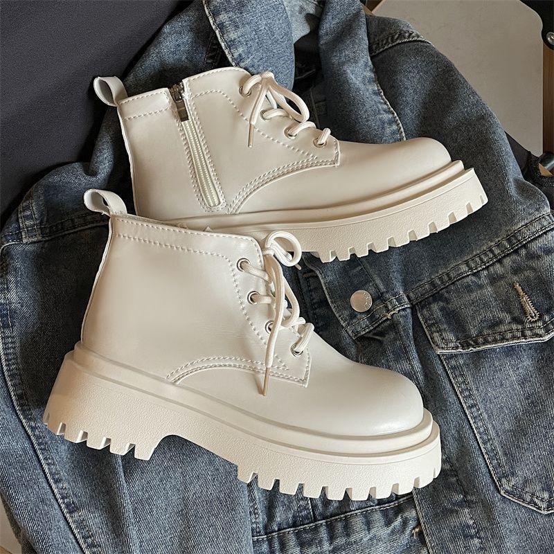 Korean Version of Thick-soled White Short Martin Boots Women's 2025 Autumn New Versatile Lace-up Heightening Muffin Bottom Small Short Boots