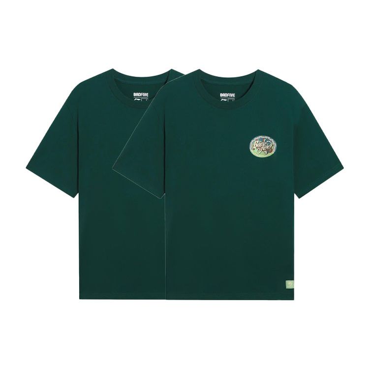 Li Ning Badfive Letter Print Round Neck Pullover Short Sleeve T-Shirt Men Tops Dark-Green AHSS739-6