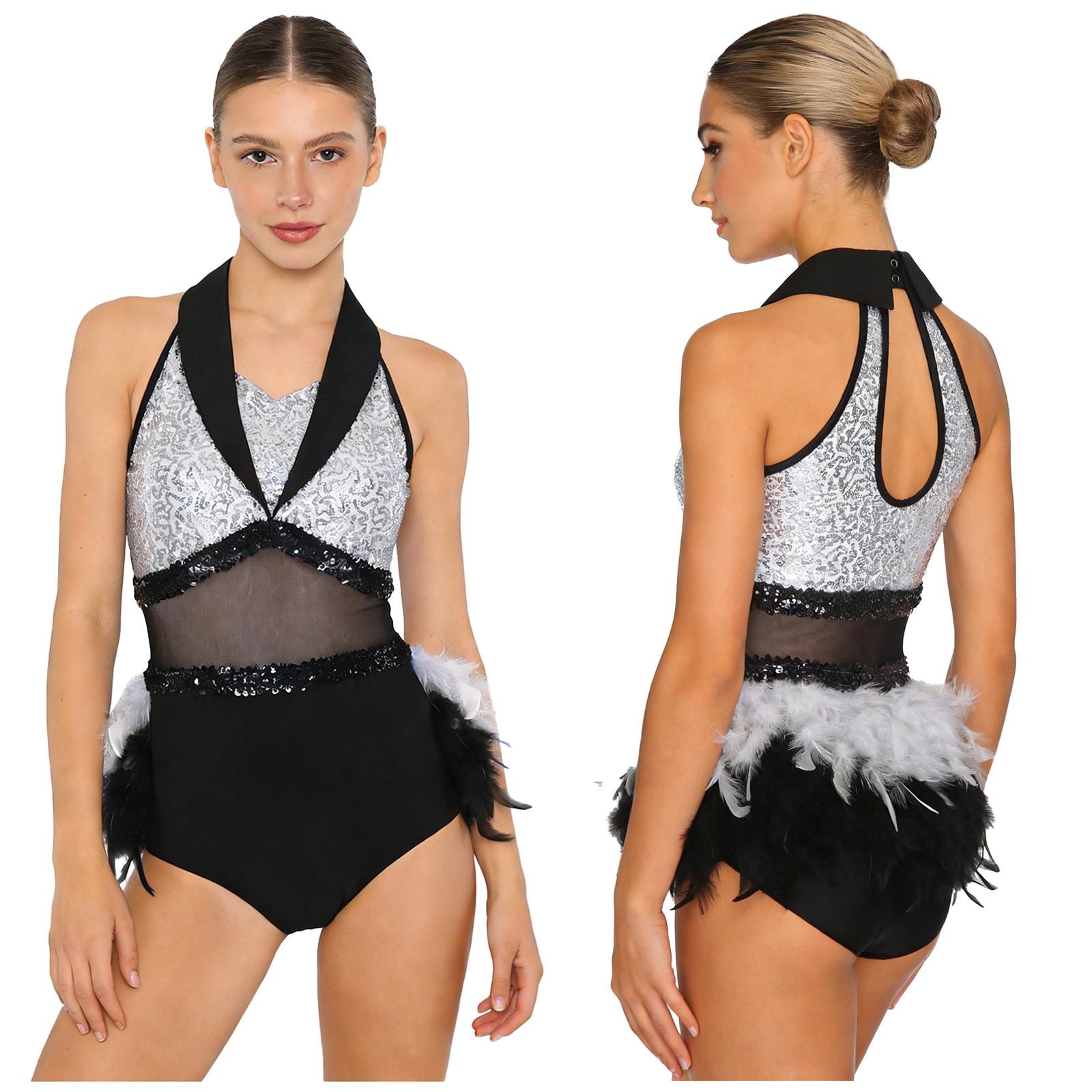 

S-XXL Womens Rumba Cha-cha Dance Bodysuit Shiny Sequin Color Blocking Mesh Waist Feather Hem Sleeveless Cutout Leotard Jumpsuit Dance Costume M білий