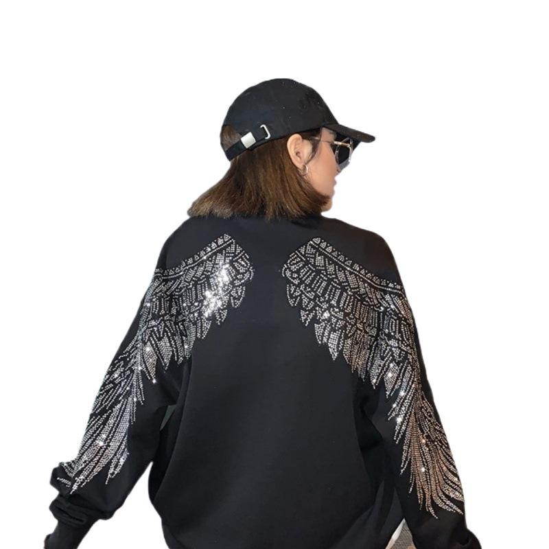 Women's Oversized Rhinestone Wings Hoodie - European Style Autumn/Winter 2021 Trend