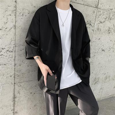 Men Suit Coat Solid Color Spring Summer Suit Jacket Single-Button Lapel Design 3/4 Sleeve Loose Fit Casual Business Outerwear