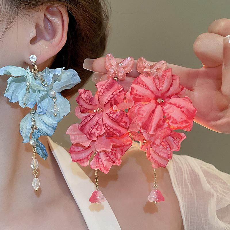 Sommer Chiffon Blumen Quasten Ohrringe für Frauen Urlaubsstil Übertrieben Süße Hängeohrringe Schmuck Accessoires Geschenke
