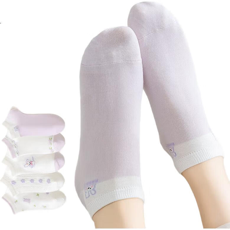 MiiOW Women's Socks, Purple Rabbit Short Tube Socks, Boat Socks, Odor-Resistant Breathable Cartoon Casual Socks, Printed Low-Cut Socks, 5 Pairs