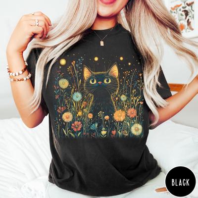Black Cat Floral Shirt: Whimsical Cottagecore Cat Shirt