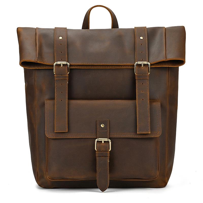 Genuine Crazy Horse Leather Backpack for Men & Women - A4 Books Top Layer European Style Bag