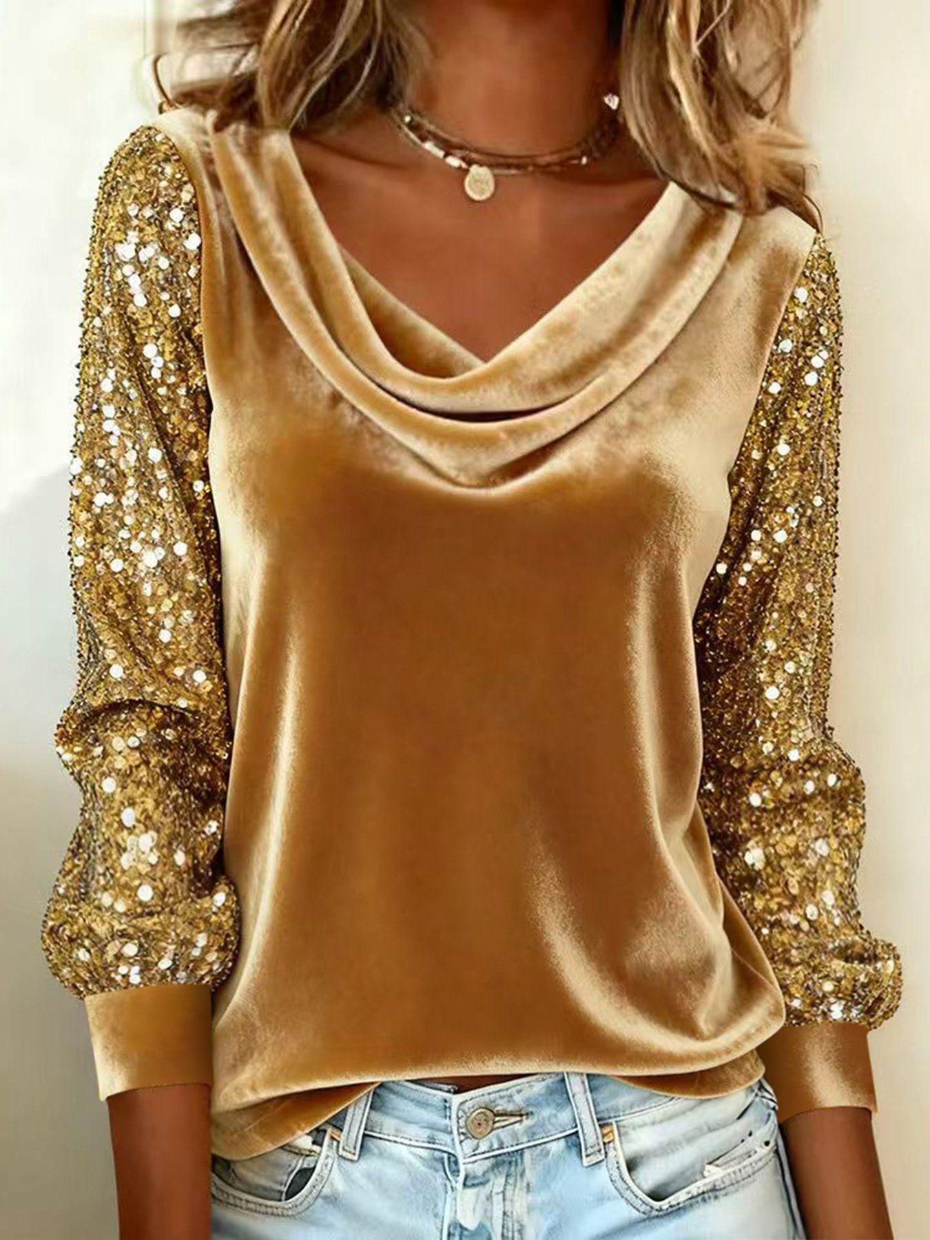 New European and American fashion women s clothing velvet pile collar sequined splicing long sleeve T S золотой