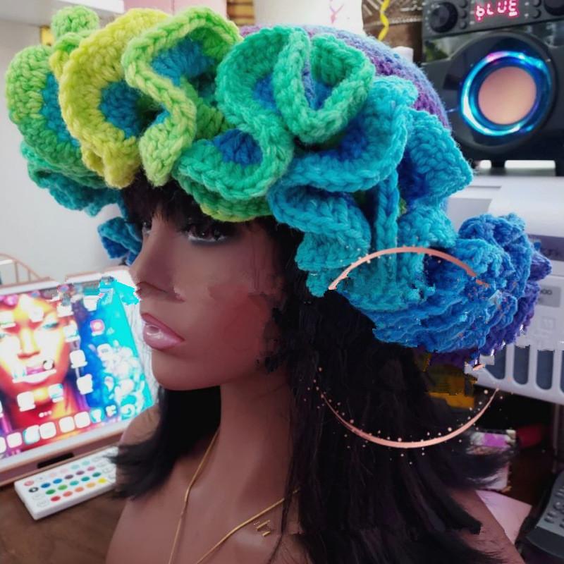 NEW Women Crochet Bucket Hats Y2k Fashion Pleated Ruffles Knitted Hat