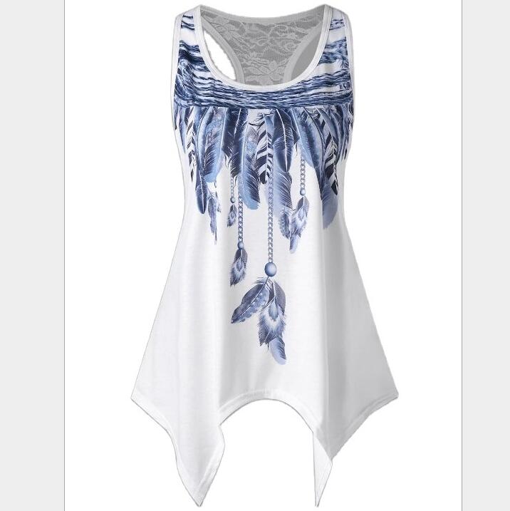 Женская мода женская мода перья печати кружевная отделка остроконечный подол майка 5XL синий