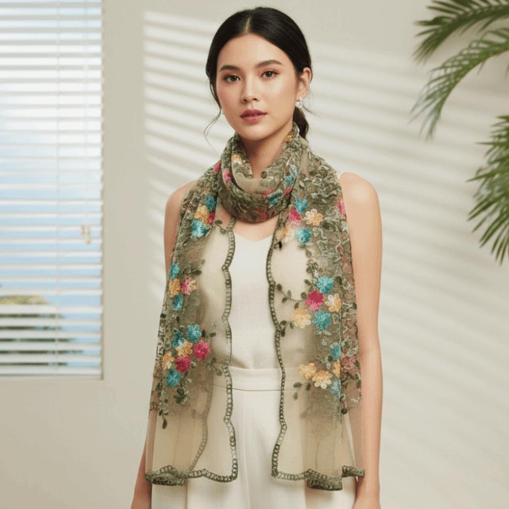Lightweight Ethnic Sheer Shawl Embroidered Long Lace Scarf Boho Floral Headwrap  Holiday Gift