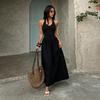 Summer new European and American women's clothing temperament solid color U-neck waist thin pendulum suspender dress women