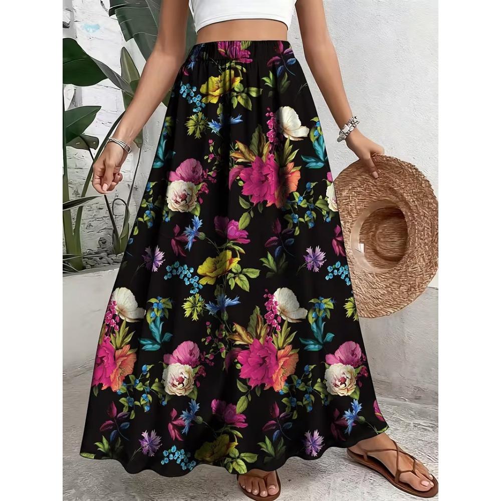 Summer Women's Skirt High Waist Elastic Waist Two-wearing Flower Print Black Vacation Party Beach Skirt