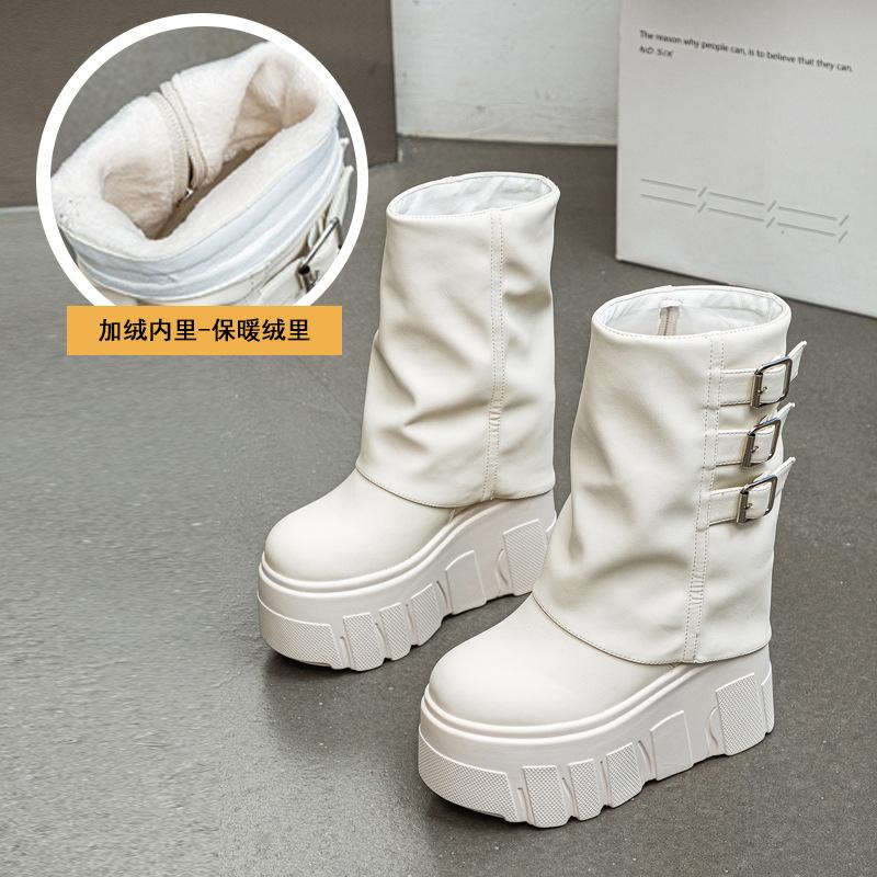14CM Winter Women High Heels Shoes Belt Buckle Ladies Elegant Platform Flat Short Booties Casual Women's Ankle Boots