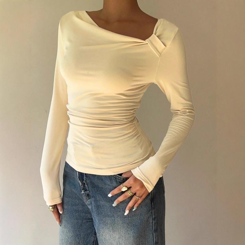 

Однотонный женский топ с длинным рукавом, в повседневном стиле, с круглым вырезом, новый осенний, приталенного кроя, обычный, универсальный S абрикосовый