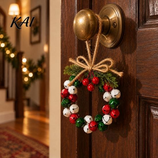 Decorative Bow Bells Mini Jingle Christmas Wreath, Rustic Metal Bell Hanging Wreath with Faux Pine Branch, Entryway Ritual Decor Red Berries And Jute