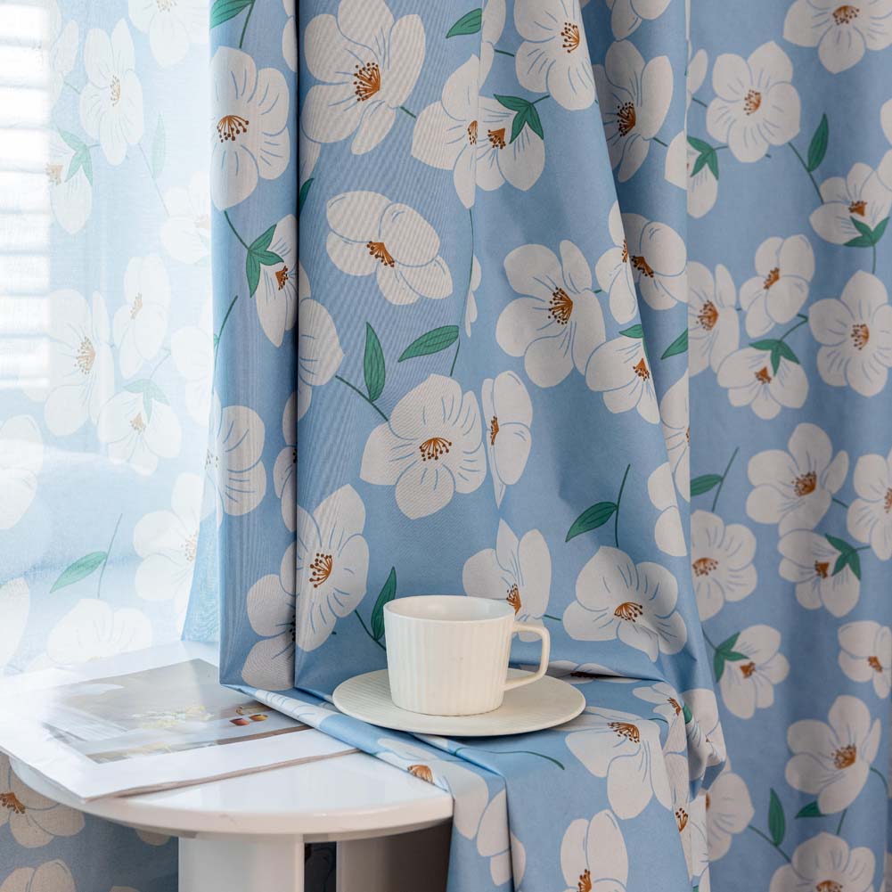 1PC Nuan Series Literary Pastoral Style Blue Flower Printed Curtain Full Blackout Curtains for Bedroom Living Room Balcony Window for Home Decor