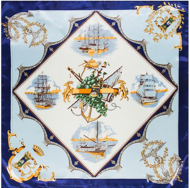 

90*90cm Luxury Brand Women Silk Scarfs Sailing Boat Design Square Scarves Spring Summer Shawls For Ladies 90x90cm
