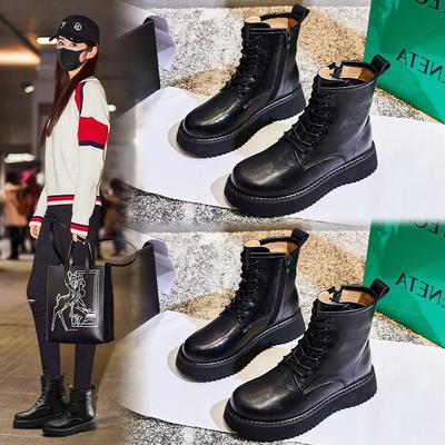 Leather Martin Boots Women's Winter New Women's Velvet Thin Short Boots Platform Women's Boots Thick Heel Medium Tube Women's Shoes