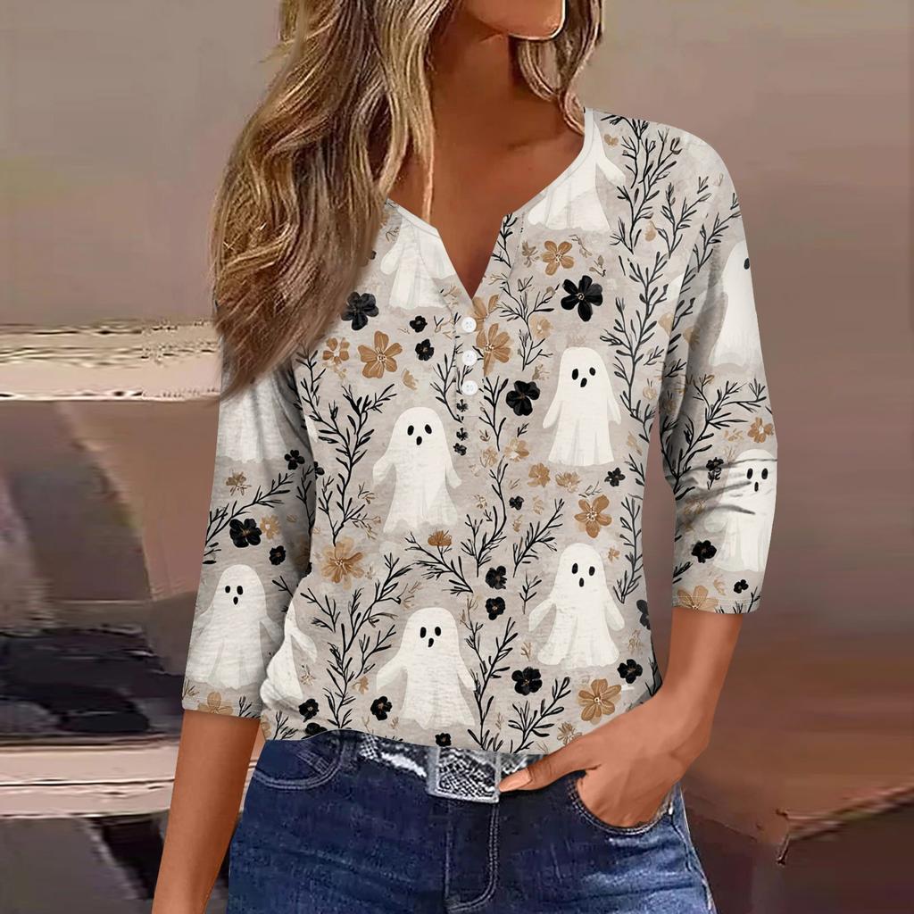 Top T-shirt da donna con scollo a V, bottoni, maniche a tre quarti, per Halloween