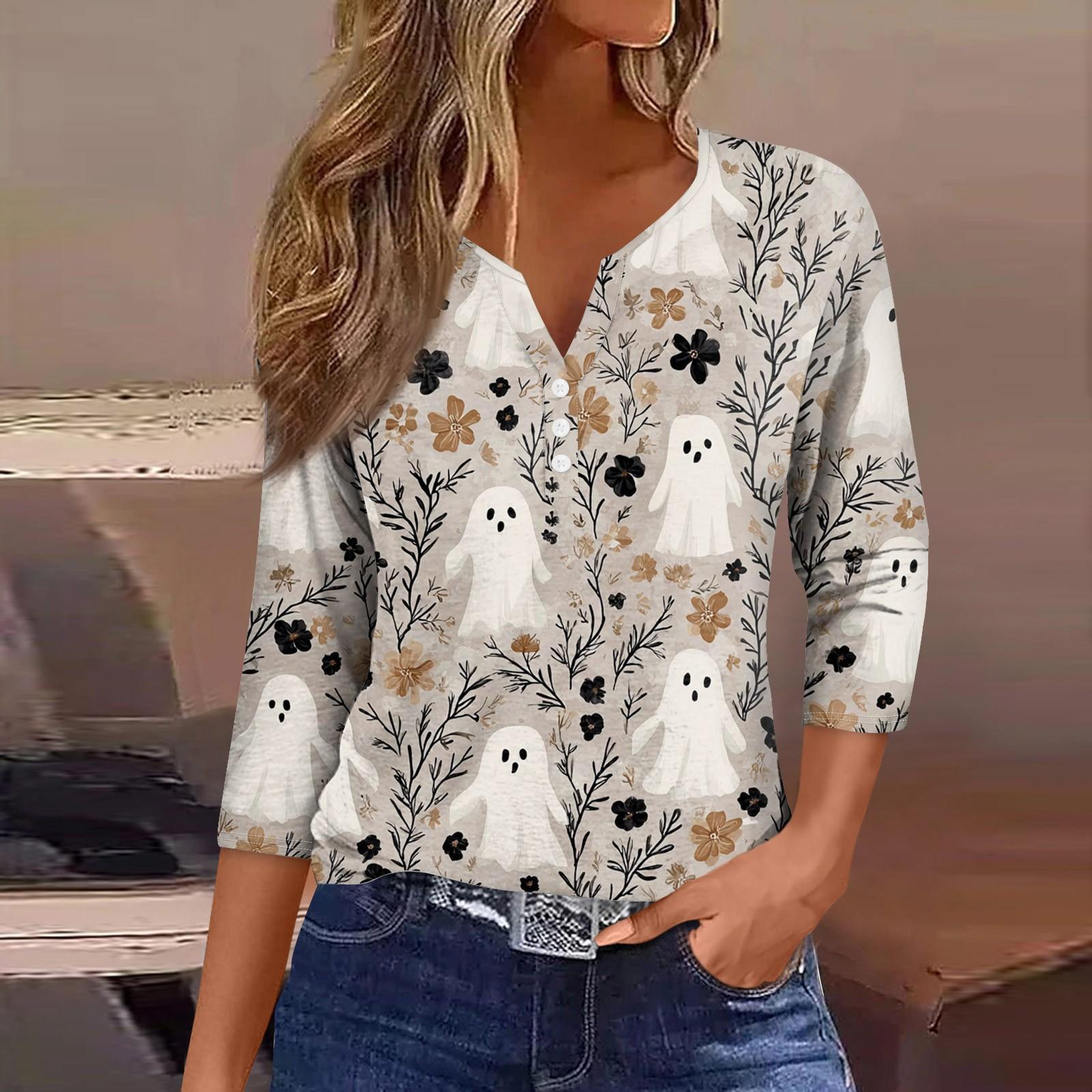 

Women s V-Neck Button Halloween Three-quarter Sleeve T-Shirt Top S