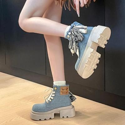 Booties Cowboy Platform Chunky Cowgirl Woman Short Shoes Denim with Laces Lace-up Round Toe Ankle Boots for Women High Quality