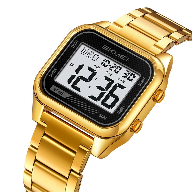 Skmei Dual Time Zones Digital Watches for Mens Luxury Full Steel Strap LED Waterproof Chronograph Fashion Sports Alarm Clock