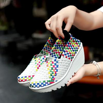 Large Size 42 Woven Shoes Women's 2025 New Thick Soled Sloping Heel Sports Shoes Fashionable Woven Breathable Casual Shoes