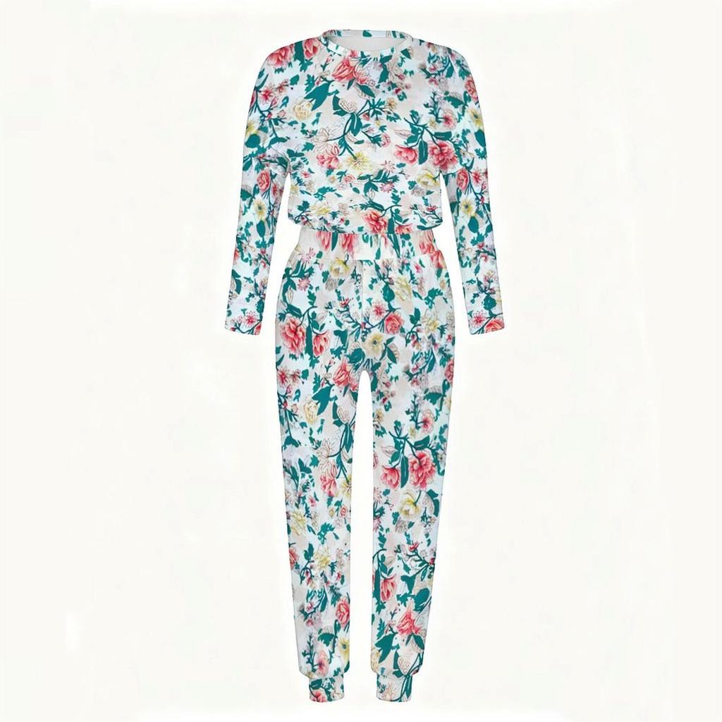 Ladies Round Neck Loose Sweatshirt And Elastic Waist Straight Trousers Two Piece Casual Home Outfit