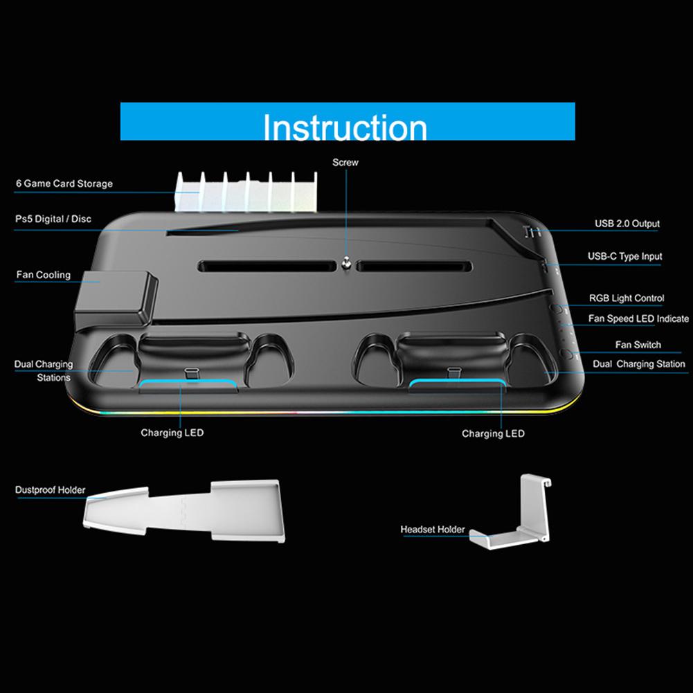Vertical Cooling Base Game Helmet Rack Controller Charger Stand Storage Disc with RGB Light DC5V-5.5V for PS VR2 PS5