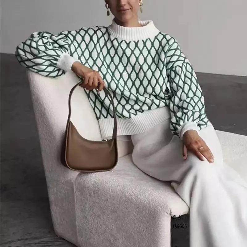 

Осень 2023, свободный свитер с длинными рукавами для женщин, зимние мягкие теплые пуловеры, полуводолазка, вязаный топ, элегантные джемперы 29396 S зелёный