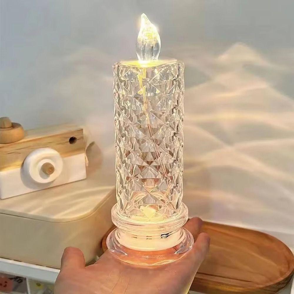 2Pcs Rose Projection Crystal LED Candle Light Battery Powered Transparent LED Crystal Table Lamp Soft Light Romantic Atmosphere