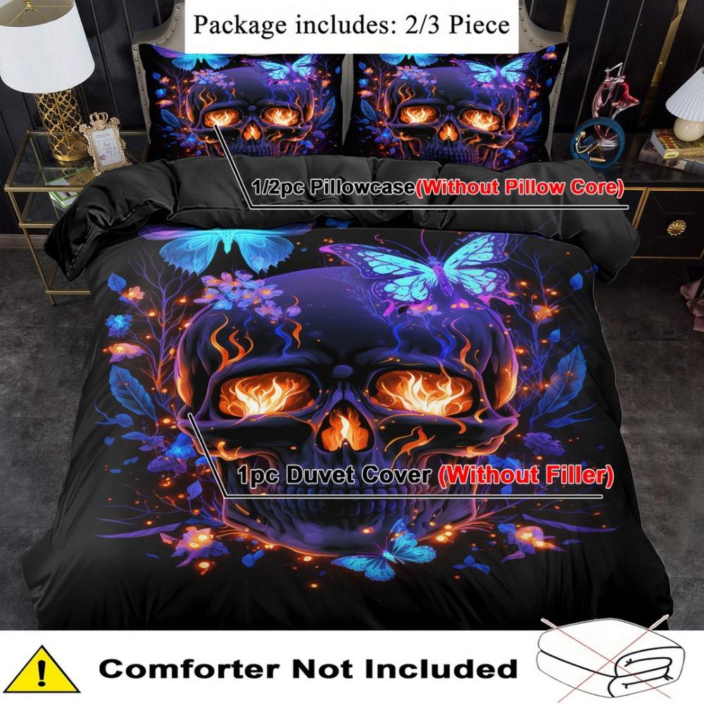 3pcs Black Bedding Set Gothic Colorful Skull Butterfly Printed Soft Duvet Cover King Queen Twin Size Birthday Gift Bedroom Decor