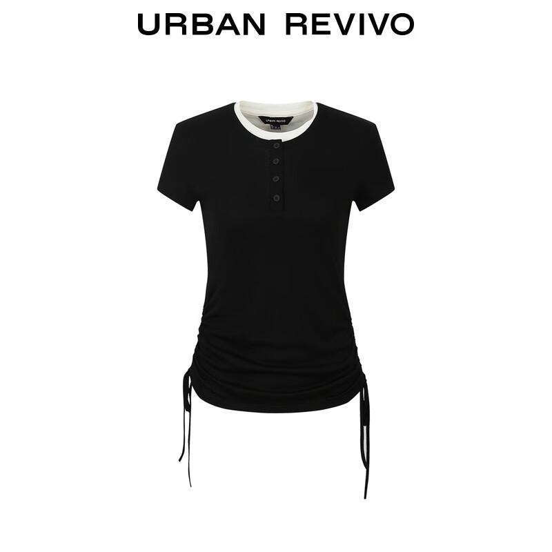 UR 2025 Women's Pleated Contrast Collar Short Sleeve T-shirt