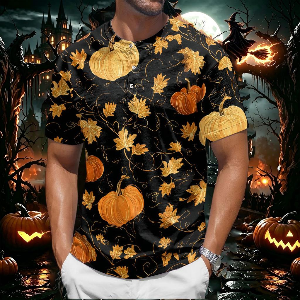 Men's Halloween Spider Web Print Short Sleeve Henley Shirt Casual Round Neck Button Front Top