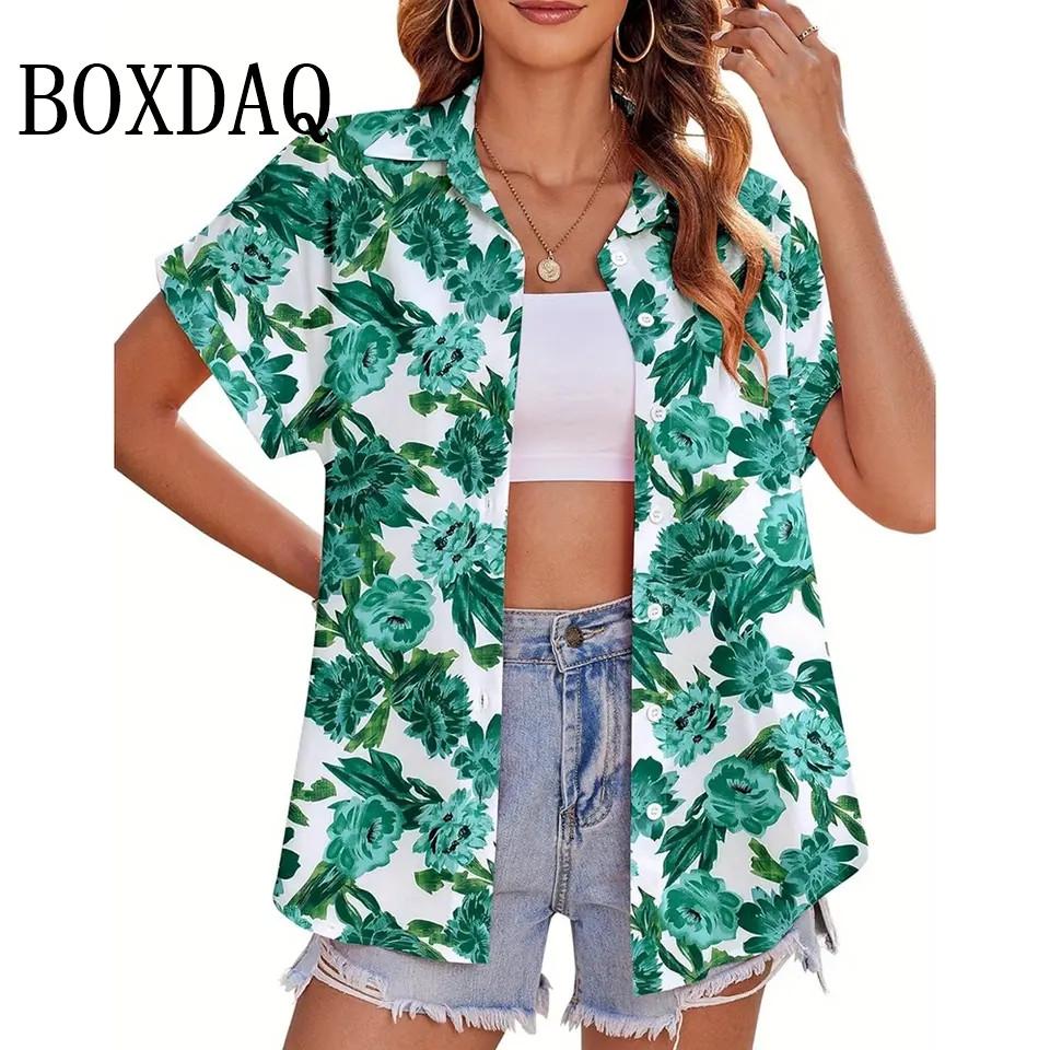 Summer Blouses Vintage Floral Print Short Sleeve Shirts For Women Casual Beach Hawaiian Vacation Lapel Shirt For Women Clothing