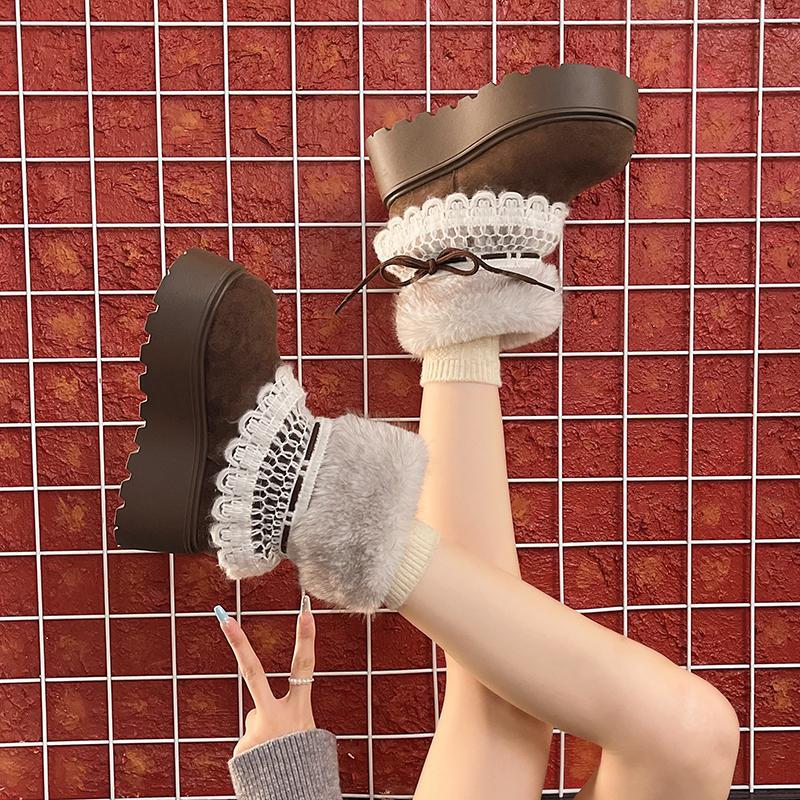 Winter Chunky Plateau Damen Pelzfutter Schneestiefel Warm halten Dicke Sohle Warme Baumwolle Kurze Stiefel Schuhe Zapatos Mujer