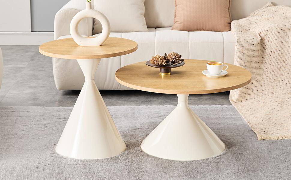 Hourglass Series 2-Piece Coffee Tables with Conical Shape, Melamine Tabletop in Wood Look + Cream Metal Base, Stackable, Living Room, Bedroom & Office