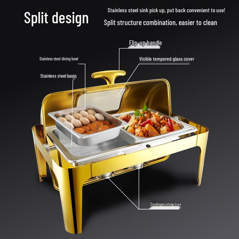 Gold-Plated Stainless Steel Chafing Dish with Glass Lid