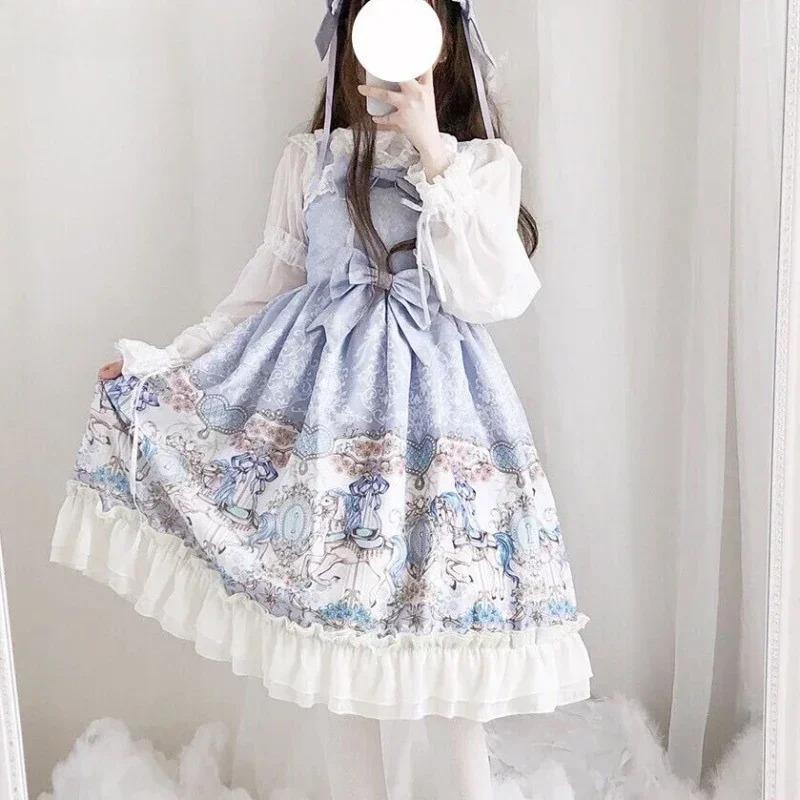 Sladké Lolita Jsk Šaty Dámské Harajuku Kawaii Kreslený Potisk Krajka Volán Mašle Bez Rukávů Párty Šaty Dívčí Princezna Mini Vestidos
