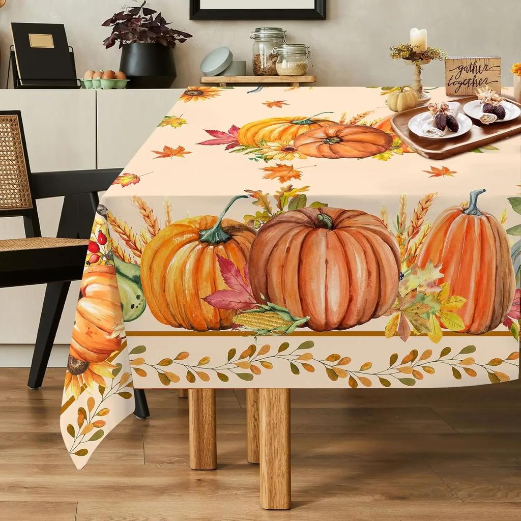 Rectangle Fall Thanksgiving Tablecloths Autumn Watercolour Pumpkin Maple Leaf Table Cover for Home Party Dining Room Table Decor