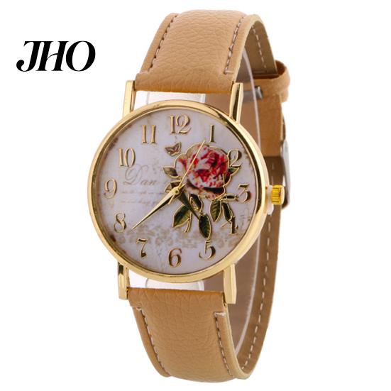Women Arabic Number Rose Flower Round Dial Faux Leather Band Quartz Wrist Watch