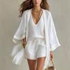 Damski Zestaw Trzyczęściowy Szorty V-Neck Top na Ramiączkach Długi Kardigan Kimono Szorty z Elastycznym Pasem Letni Strój na Wakacje na Plaży