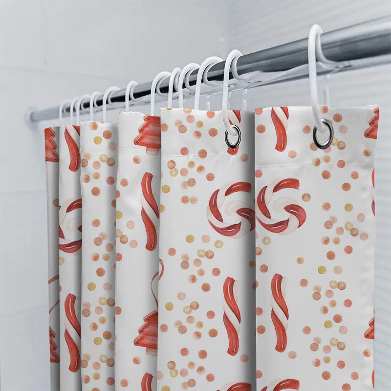 Christmas Shower Curtain Bathroom Decor Red White Candy Cane Floral Pattern Waterproof Polyester Fabric Home Accessories Bl