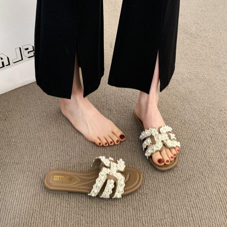 One-word Drag with Skirt Summer New Fairy Small Fragrant Slippers Female Outer Wear Pearl Soft Bottom Soft Surface Cool Slippers