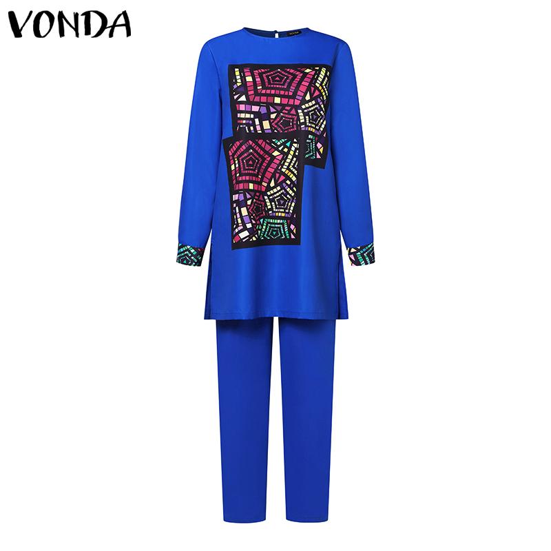 VONDA Zweiteiliges Set für Damen, großes Rundhalsausschnitt, lange Ärmel, bedrucktes Oberteil, einfarbig, lockere Hosen