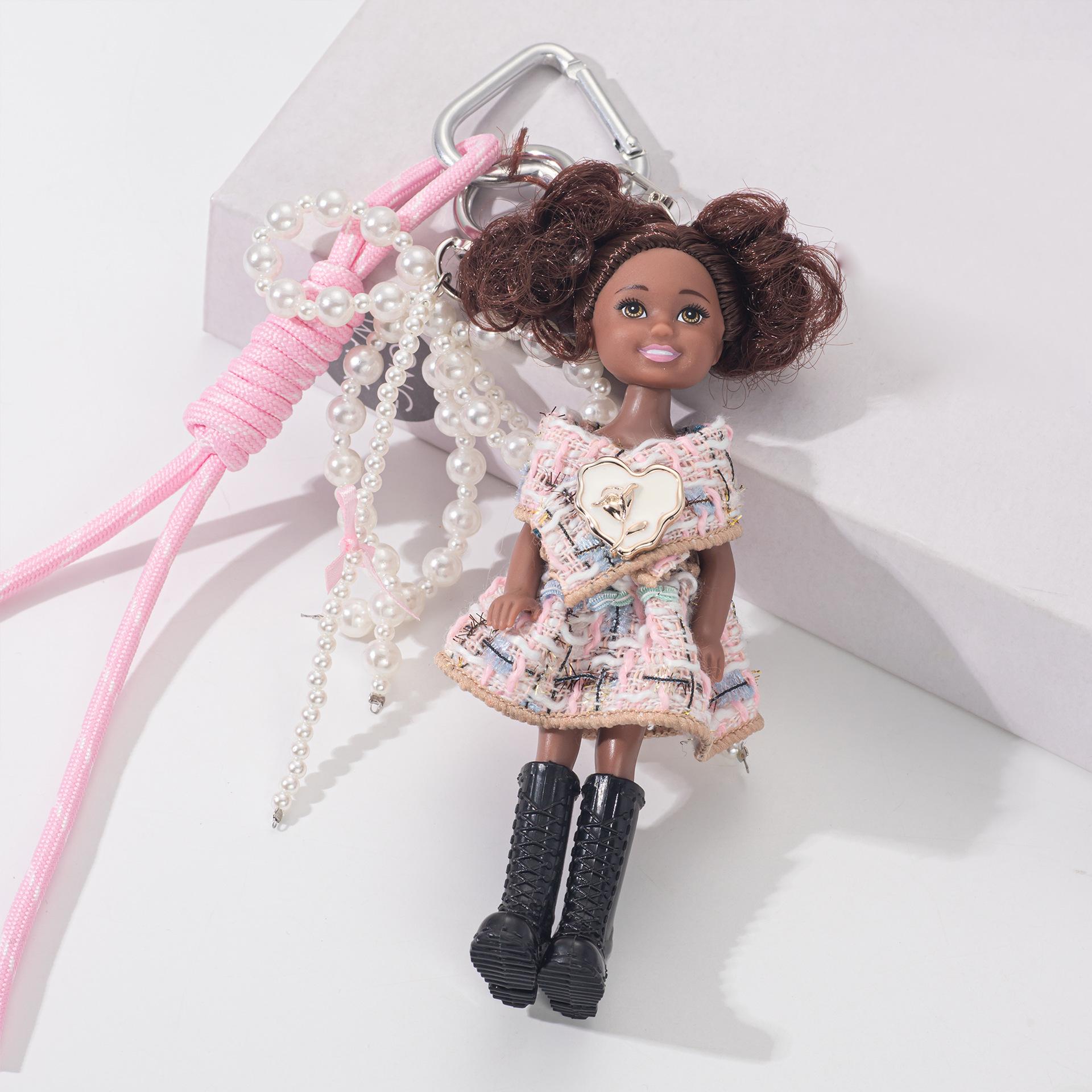 

New Cute Pink Plaid Skirt Doll Creative Doll Pendant Keychain Cartoon Bow Bead String Charm Bag Car Decoration Pendant Gift